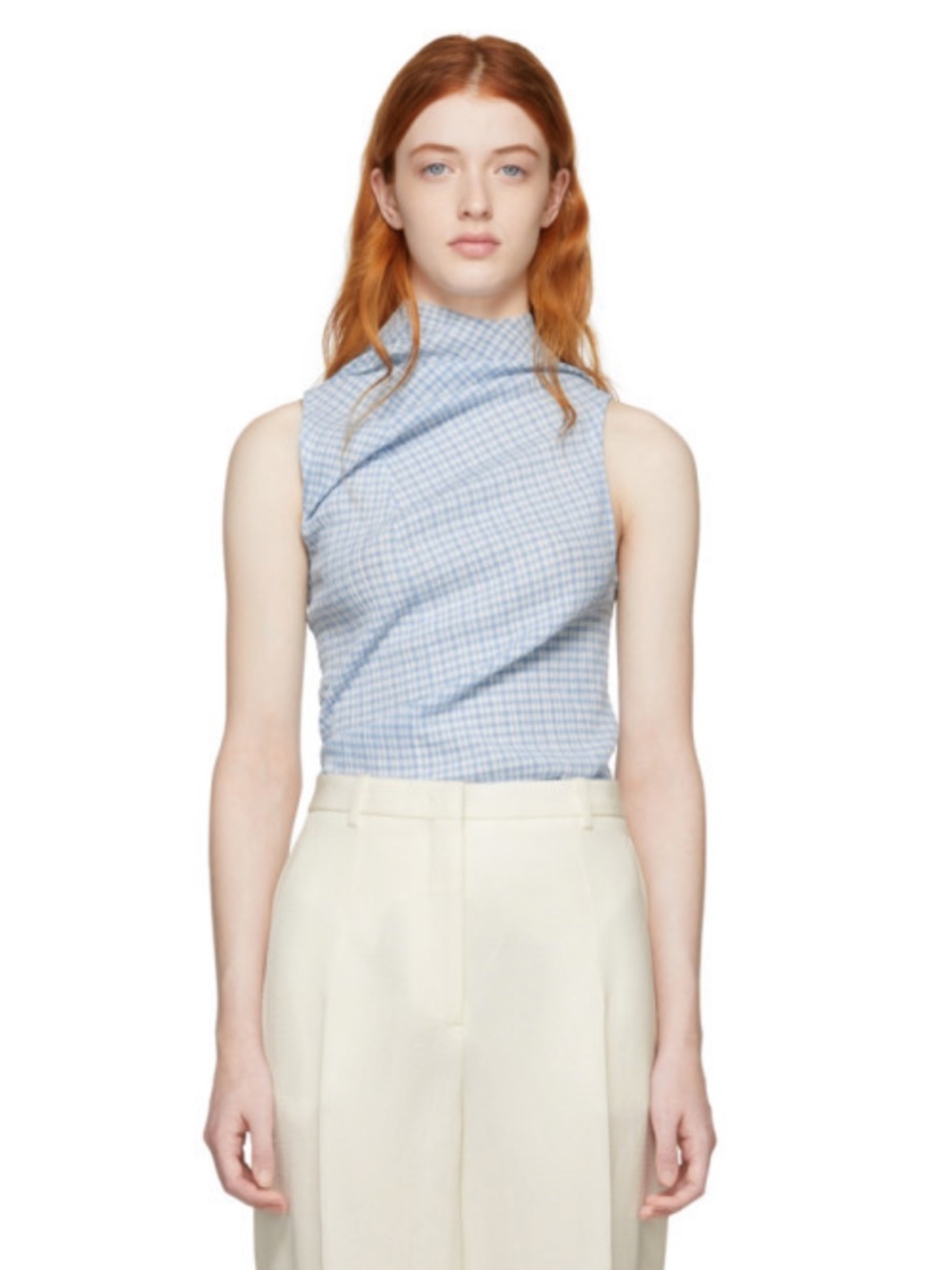 Jil Sander Light Blue Gingham Sleeveless Twist-Neck Tank